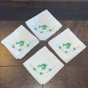 Set of Four Linen Napkins with Green Shamrock Embroidery